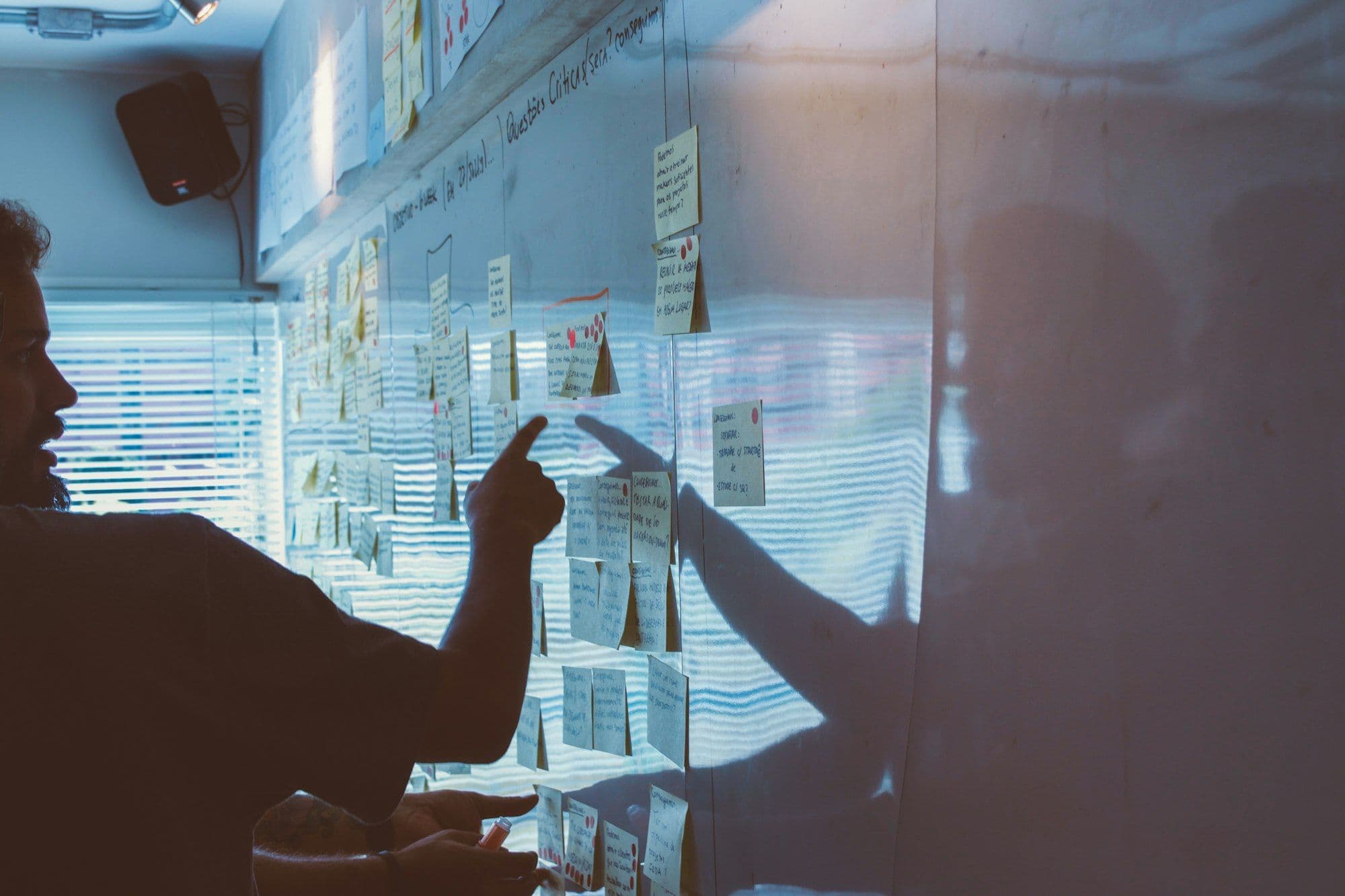 A small team planning around a whiteboard covered in notes